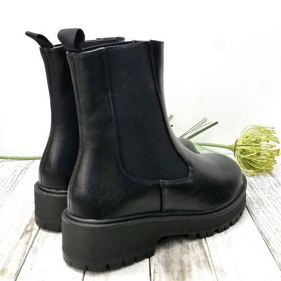 New Black Chelsea Round Toe Elastic Panel Platform Lug Sole Combat Boots - Picture 4 of 6